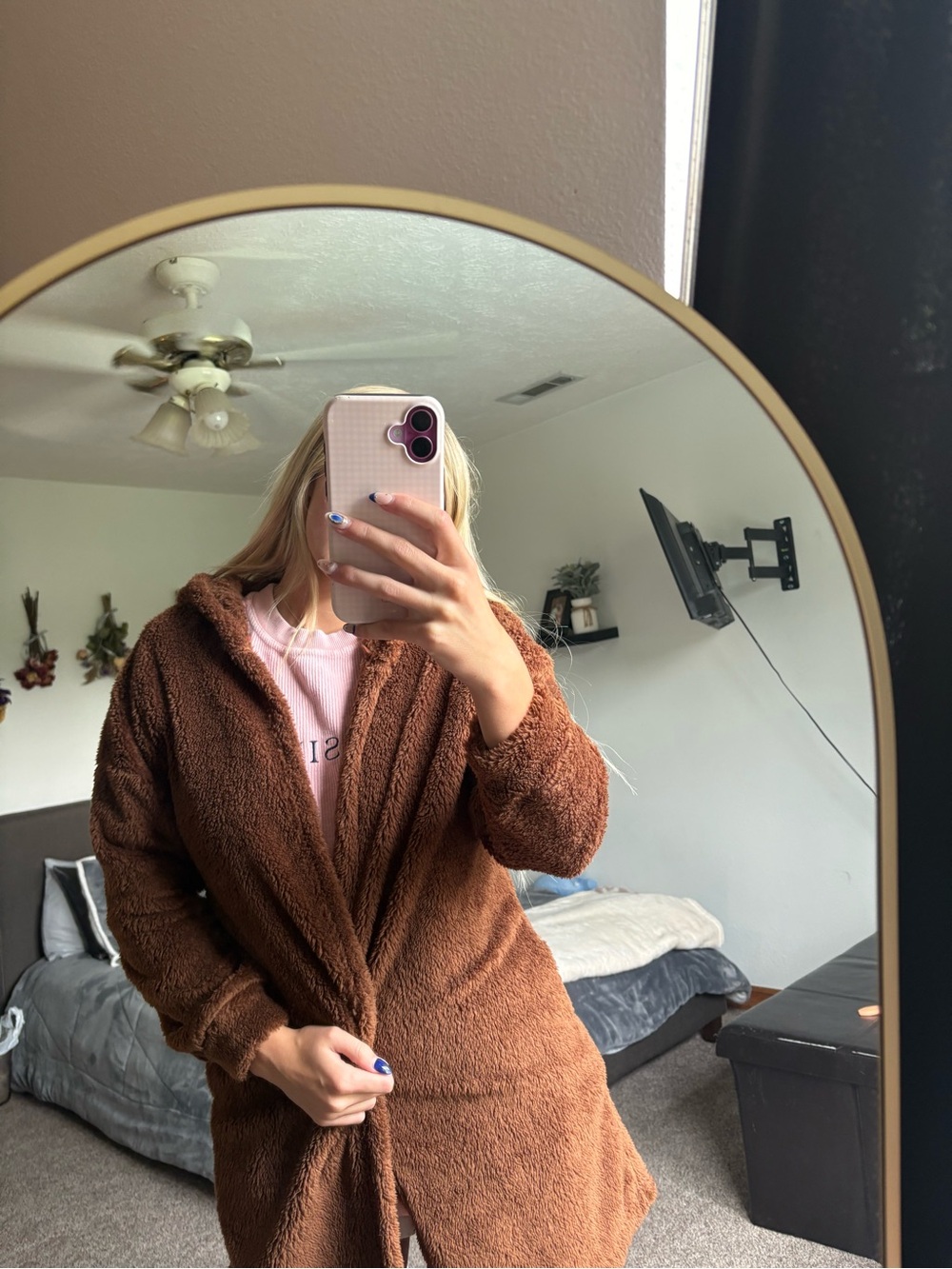Plush Brown Hooded Women's Cardigan Sweater